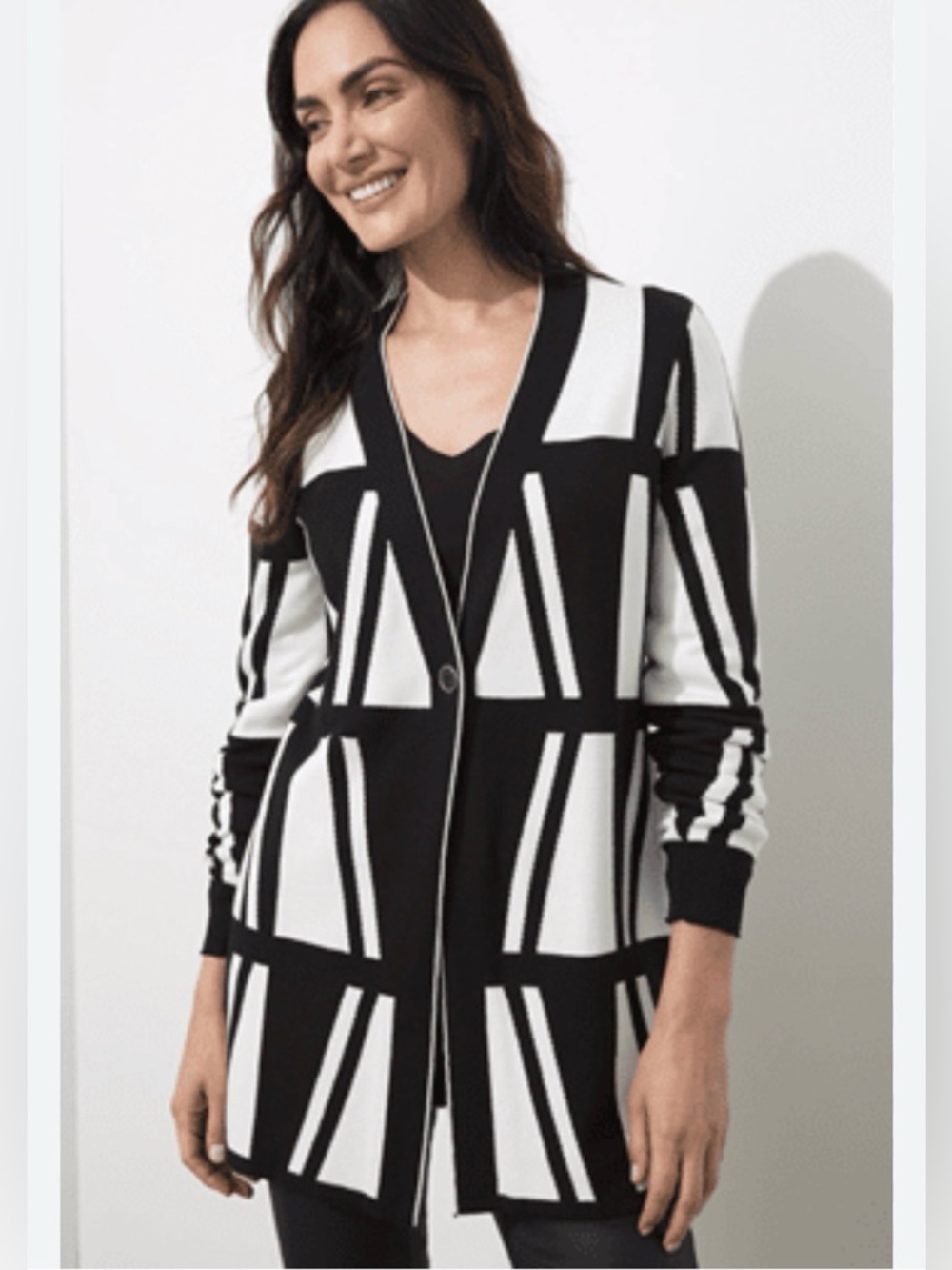 Chico’s Black White Geometric Long Length Deep V-neck Cardigan Sweater Size XL